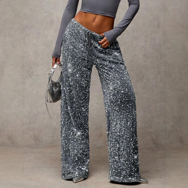 💖Neujahrsverkauf 60% Rabatt🥰Damen-Glitzer-Pailletten-Hose mit weitem Bein und elastischem Bund