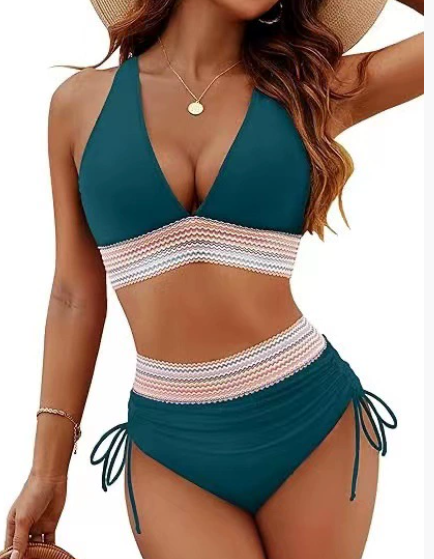 🔥Last Day Special Price £12.99!!💥👙High Waisted Tummy Control Color Block Bikini Sets