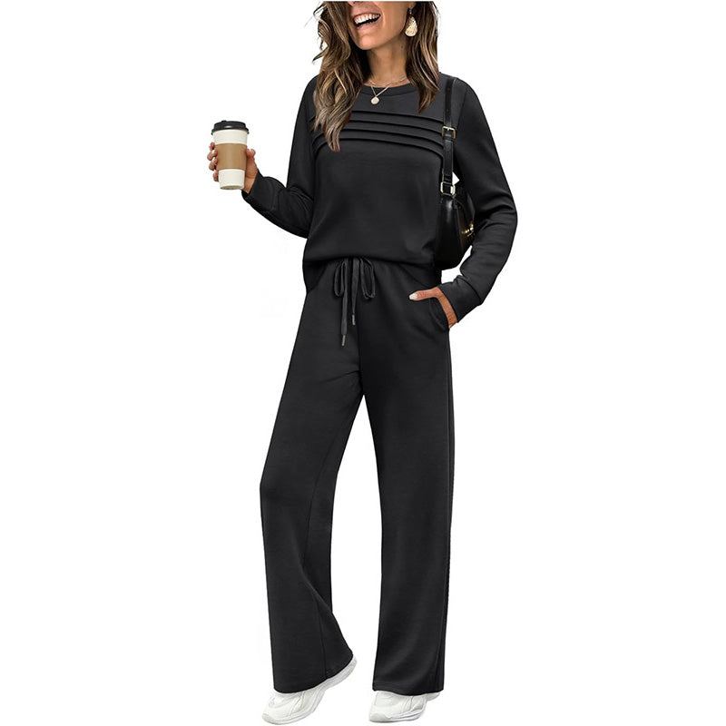 š„Letzter Tag 60% RabattāØLoungeset für Damen: Top mit Rundhalsausschnitt & Hose mit Kordelzugš