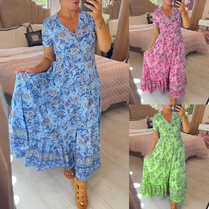 💃Heiss 50% Rabatt🔥Kostenloser Versand - Bequemes V-Ausschnitt Blumenkleid🌷