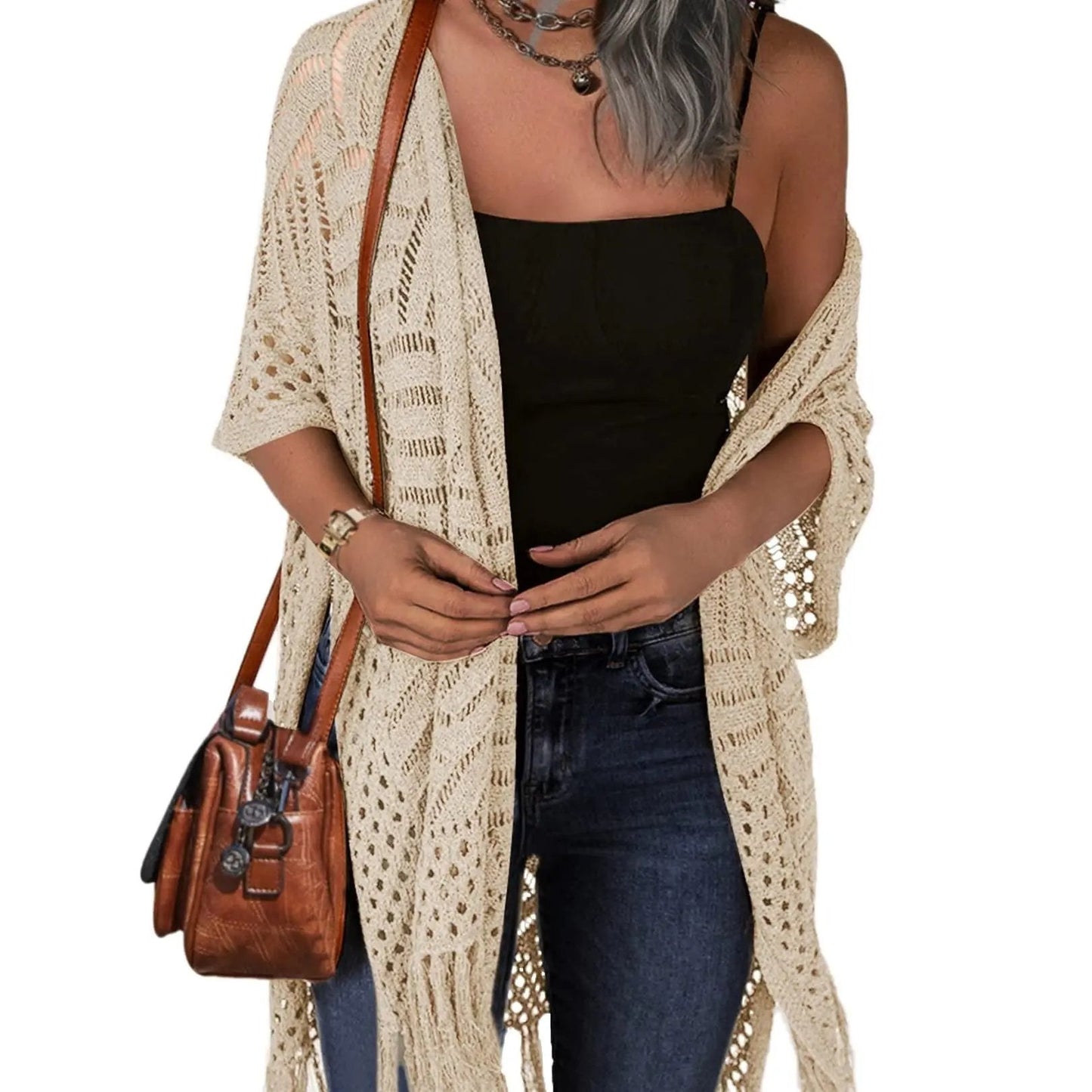 ⏰️Letzter Tag für kostenlosen Versand⌛️😍  Damen Oversize-Häkelcardigan mit Fransen – Leichter Boho-Kimono für Frühling & Sommer 🌸
