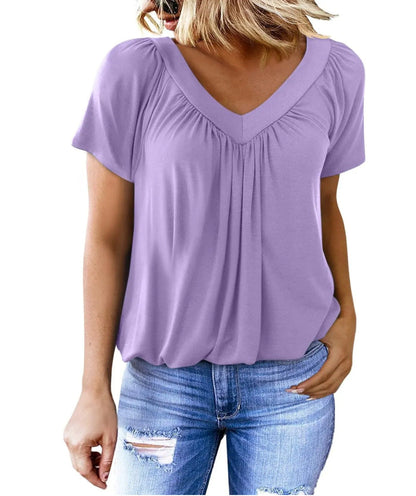 🎁Heißer Verkauf 50% RABATT⏳Damen Freizeit-Kurzarmshirt mit V-Ausschnitt und Plissee✨
