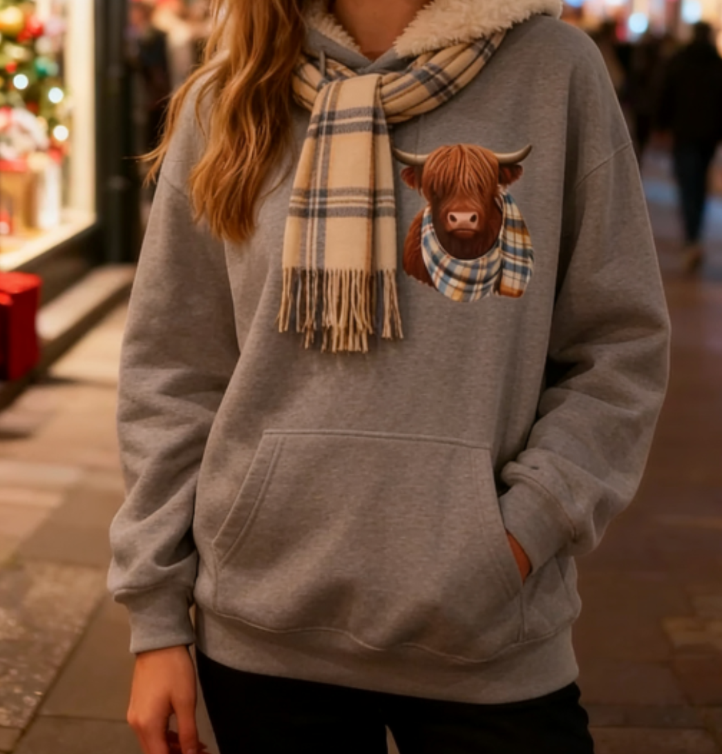 🎄🎅Weihnachtsverkauf 50% Rabatt!!🎁Niedlicher Hochlandrind Fleece-gefütterter Kapuzenpullover🦬