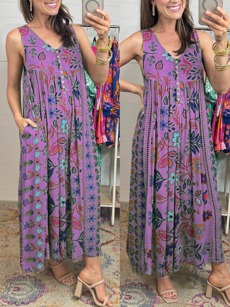 Vintage Blumendruck Lockerer Ärmelloser Jumpsuit - Kostenloser Versand