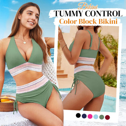 🔥Last Day Special Price £12.99!💥👙High Waisted Tummy Control Color Block Bikini Sets
