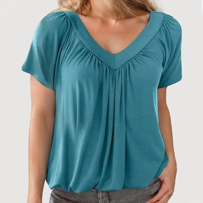 🎁Heißer Verkauf 50% RABATT⏳Damen Freizeit-Kurzarmshirt mit V-Ausschnitt und Plissee✨