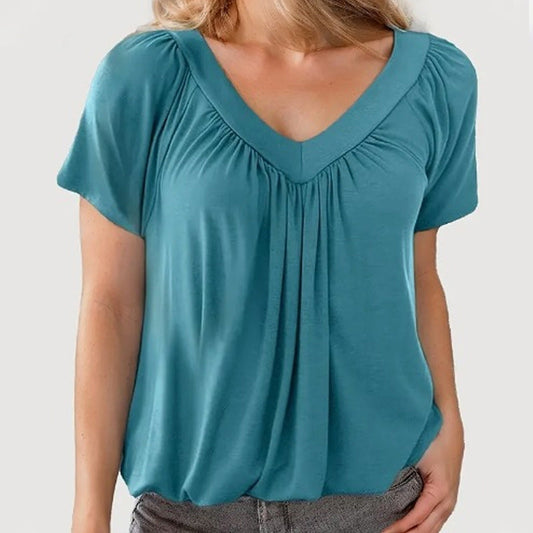 🎁Heißer Verkauf 50% RABATT⏳Damen Freizeit-Kurzarmshirt mit V-Ausschnitt und Plissee
