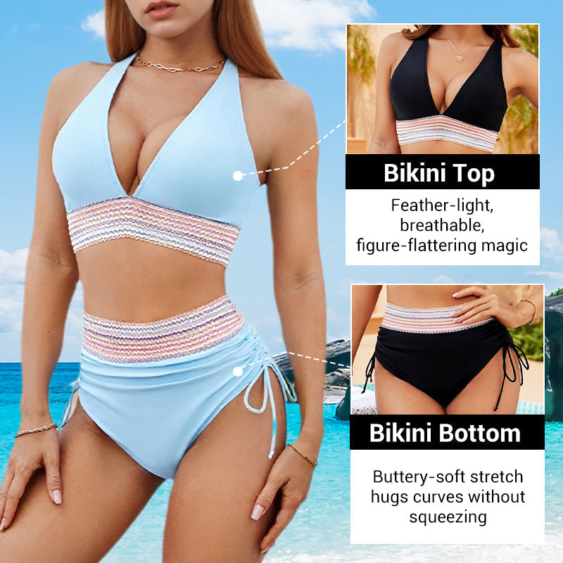 🔥Last Day Special Price £12.99!!💥👙High Waisted Tummy Control Color Block Bikini Sets