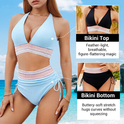 🔥Last Day Special Price £12.99!💥👙High Waisted Tummy Control Color Block Bikini Sets