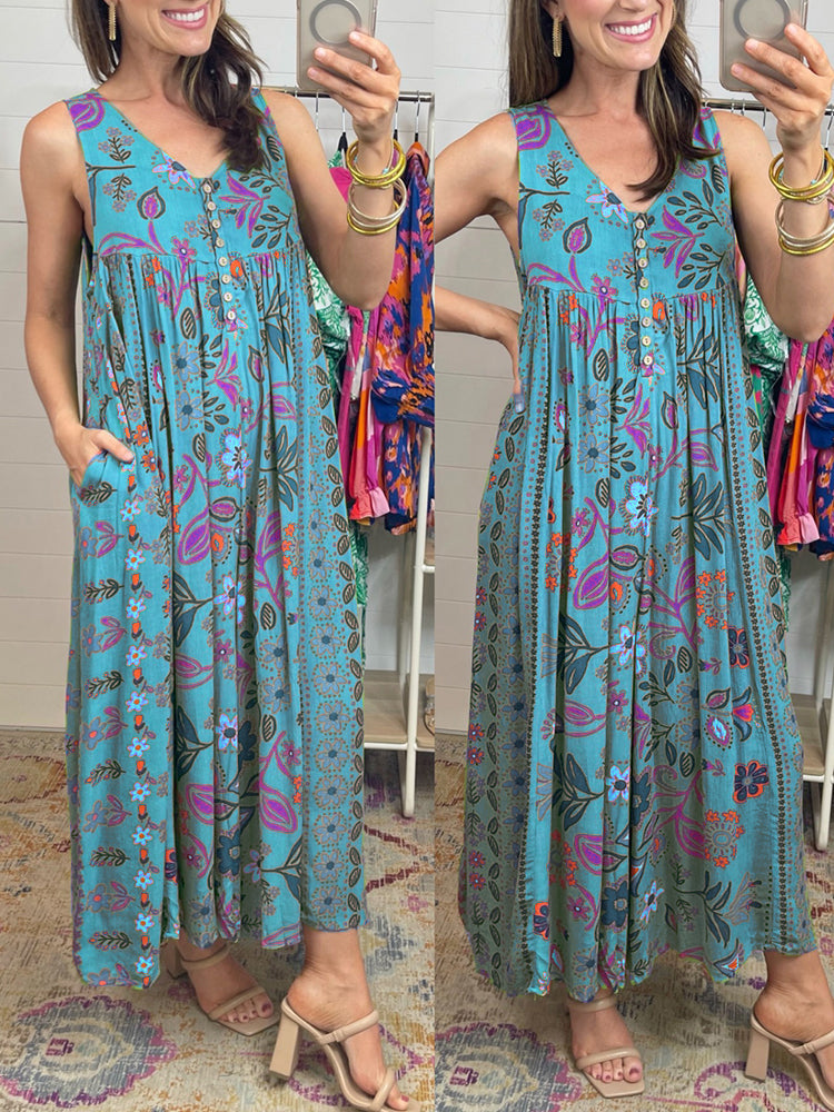Vintage Blumendruck Lockerer Ärmelloser Jumpsuit - Kostenloser Versand