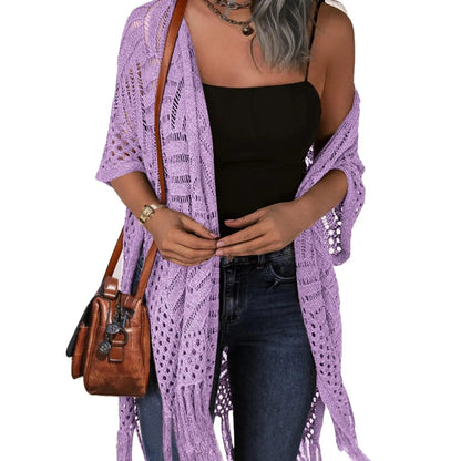 ⏰️Letzter Tag für kostenlosen Versand⌛️😍  Damen Oversize-Häkelcardigan mit Fransen – Leichter Boho-Kimono für Frühling & Sommer 🌸