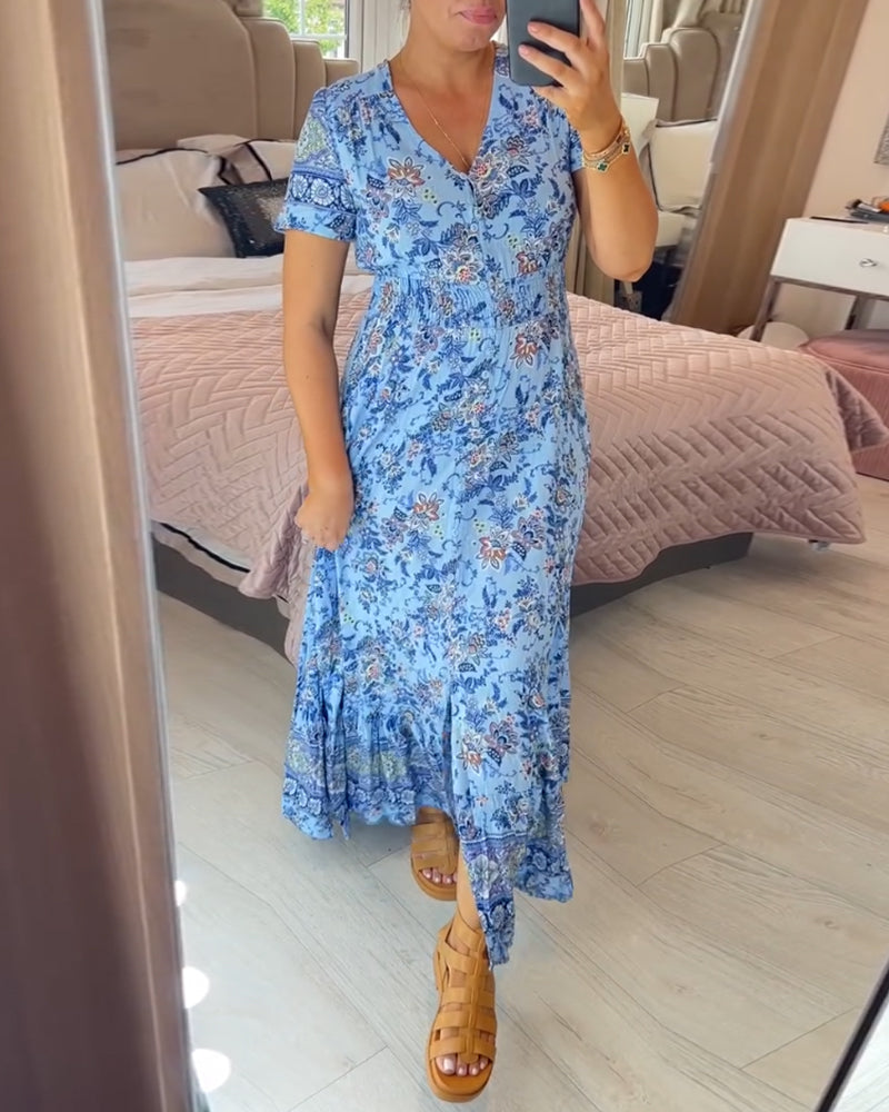 💃Heiss 50% Rabatt🔥Kostenloser Versand - Bequemes V-Ausschnitt Blumenkleid🌷