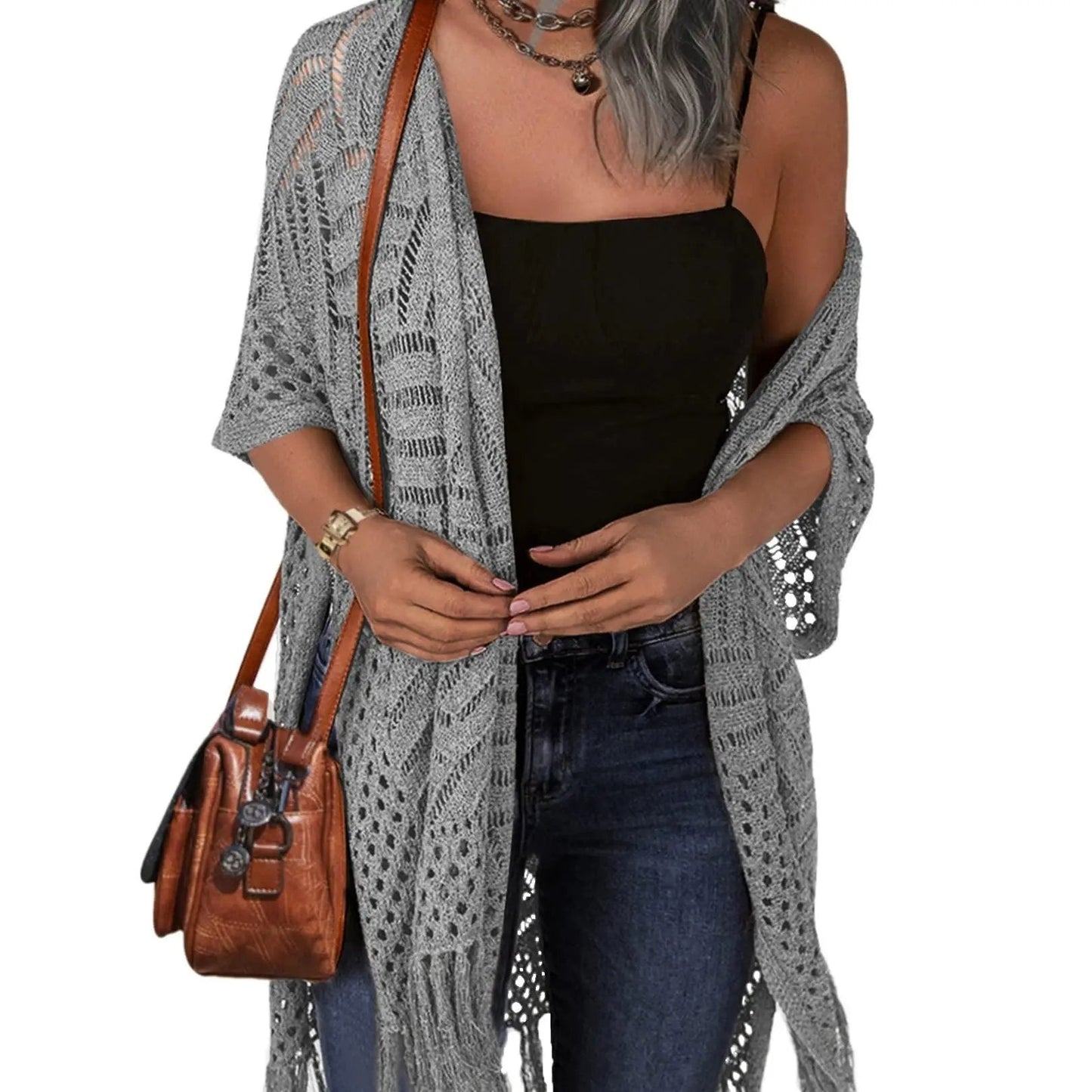 ⏰️Letzter Tag für kostenlosen Versand⌛️😍  Damen Oversize-Häkelcardigan mit Fransen – Leichter Boho-Kimono für Frühling & Sommer 🌸