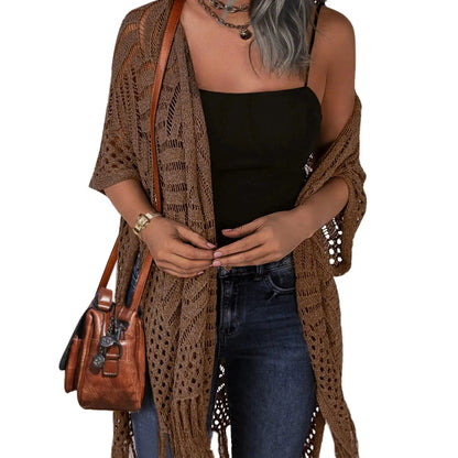 ⏰️Letzter Tag für kostenlosen Versand⌛️😍  Damen Oversize-Häkelcardigan mit Fransen – Leichter Boho-Kimono für Frühling & Sommer 🌸