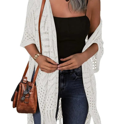 ⏰️Letzter Tag für kostenlosen Versand⌛️😍  Damen Oversize-Häkelcardigan mit Fransen – Leichter Boho-Kimono für Frühling & Sommer 🌸