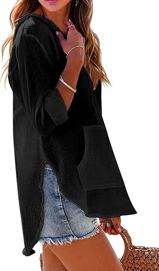 🏝️Summer Hot Sale 50% OFF👗Women's Beach Pocketed Hooded Shirt Top