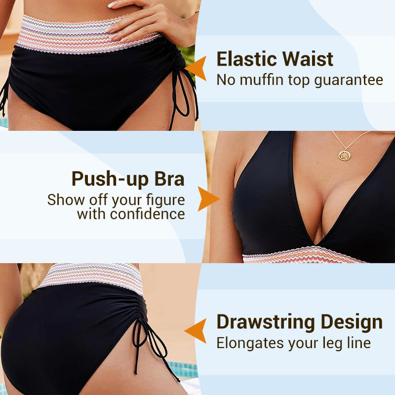 🔥Last Day Special Price £12.99!💥👙High Waisted Tummy Control Color Block Bikini Sets