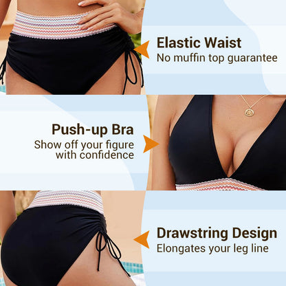 🔥Last Day Special Price £12.99!!💥👙High Waisted Tummy Control Color Block Bikini Sets