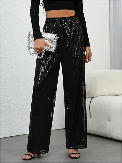 💖Neujahrsverkauf 60% Rabatt🥰Damen-Glitzer-Pailletten-Hose mit weitem Bein und elastischem Bund