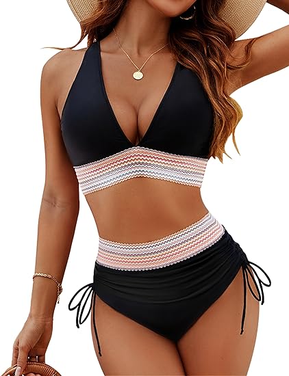 🔥Last Day Special Price £12.99!!💥👙High Waisted Tummy Control Colour Block Bikini Sets
