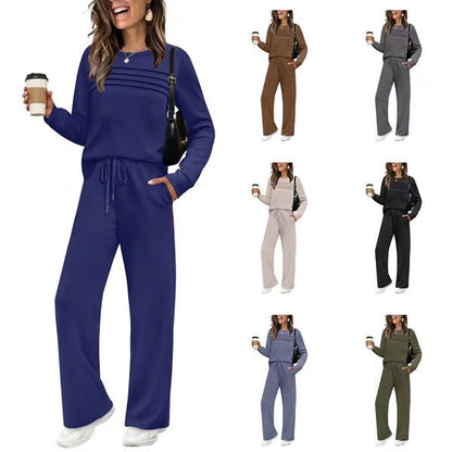 🔥Letzter Tag 60% Rabatt✨Loungeset für Damen: Top mit Rundhalsausschnitt & Hose mit Kordelzug