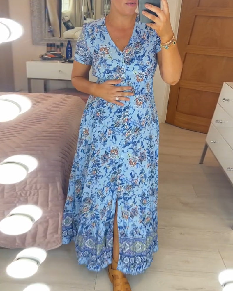 💃Heiss 50% Rabatt🔥Kostenloser Versand - Bequemes V-Ausschnitt Blumenkleid🌷