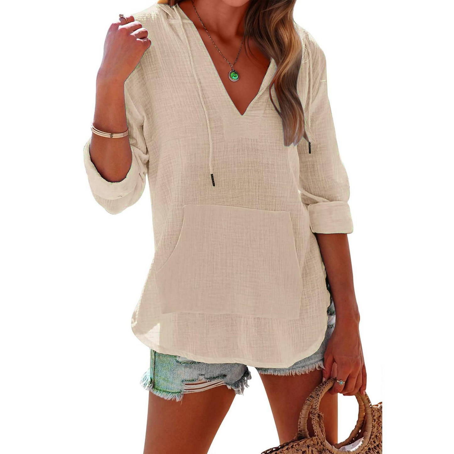 🏝️Summer Hot Sale 50% OFF👗Women's Beach Pocketed Hooded Shirt Top