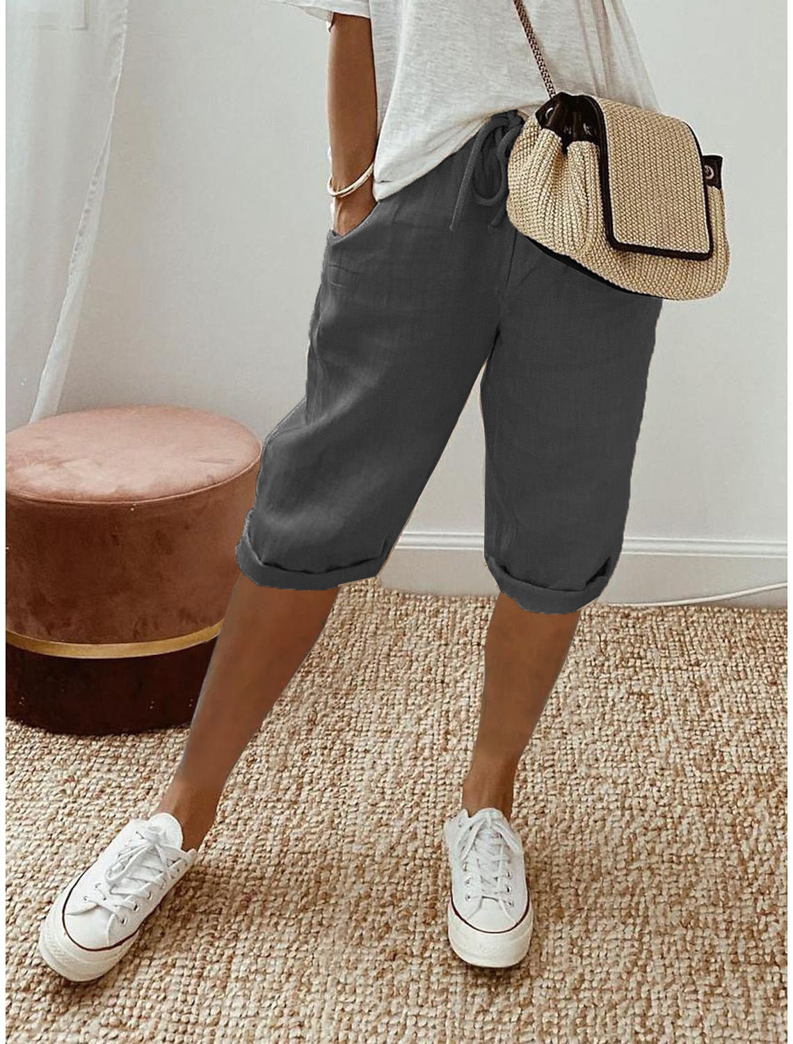 🔥Kostenloser Versand & 50 % Rabatt🔥 Lässige Caprihosen aus Baumwoll-Leinen – Verstellbarer Bund & tiefe Taschen!