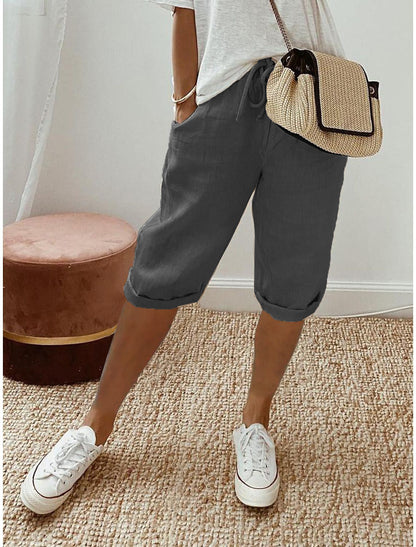 🔥Kostenloser Versand & 50 % Rabatt🔥 Lässige Caprihosen aus Baumwoll-Leinen – Verstellbarer Bund & tiefe Taschen!