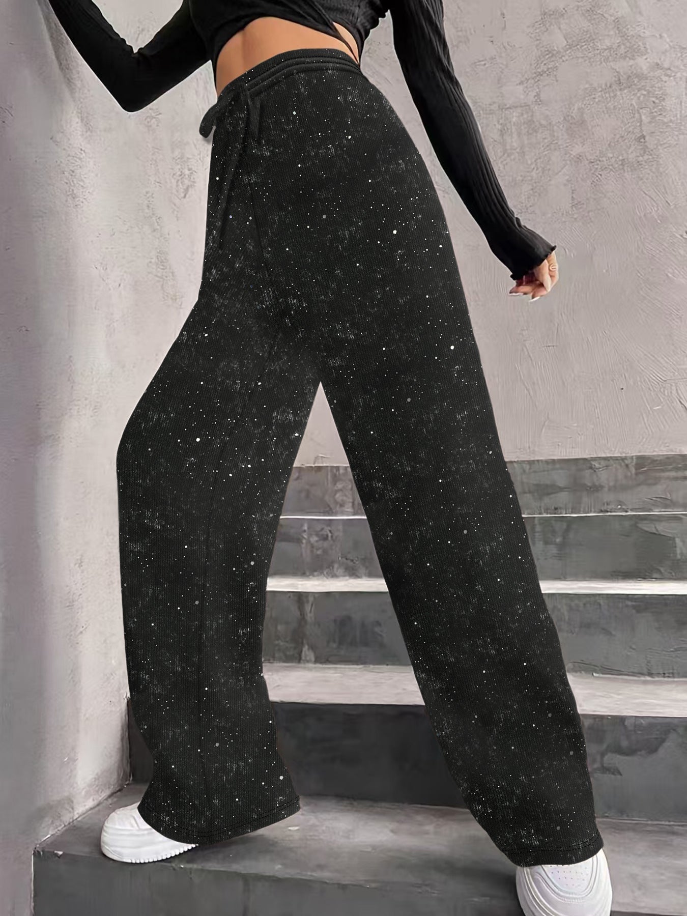 💖Neujahrsverkauf 60% Rabatt🥰Damen-Glitzer-Pailletten-Hose mit weitem Bein und elastischem Bund
