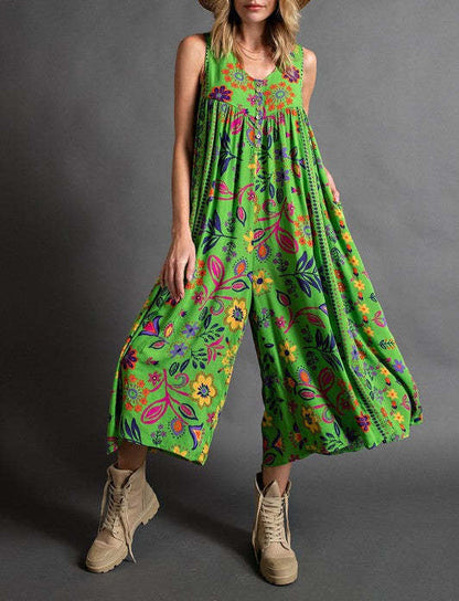 Vintage Blumendruck Lockerer Ärmelloser Jumpsuit - Kostenloser Versand