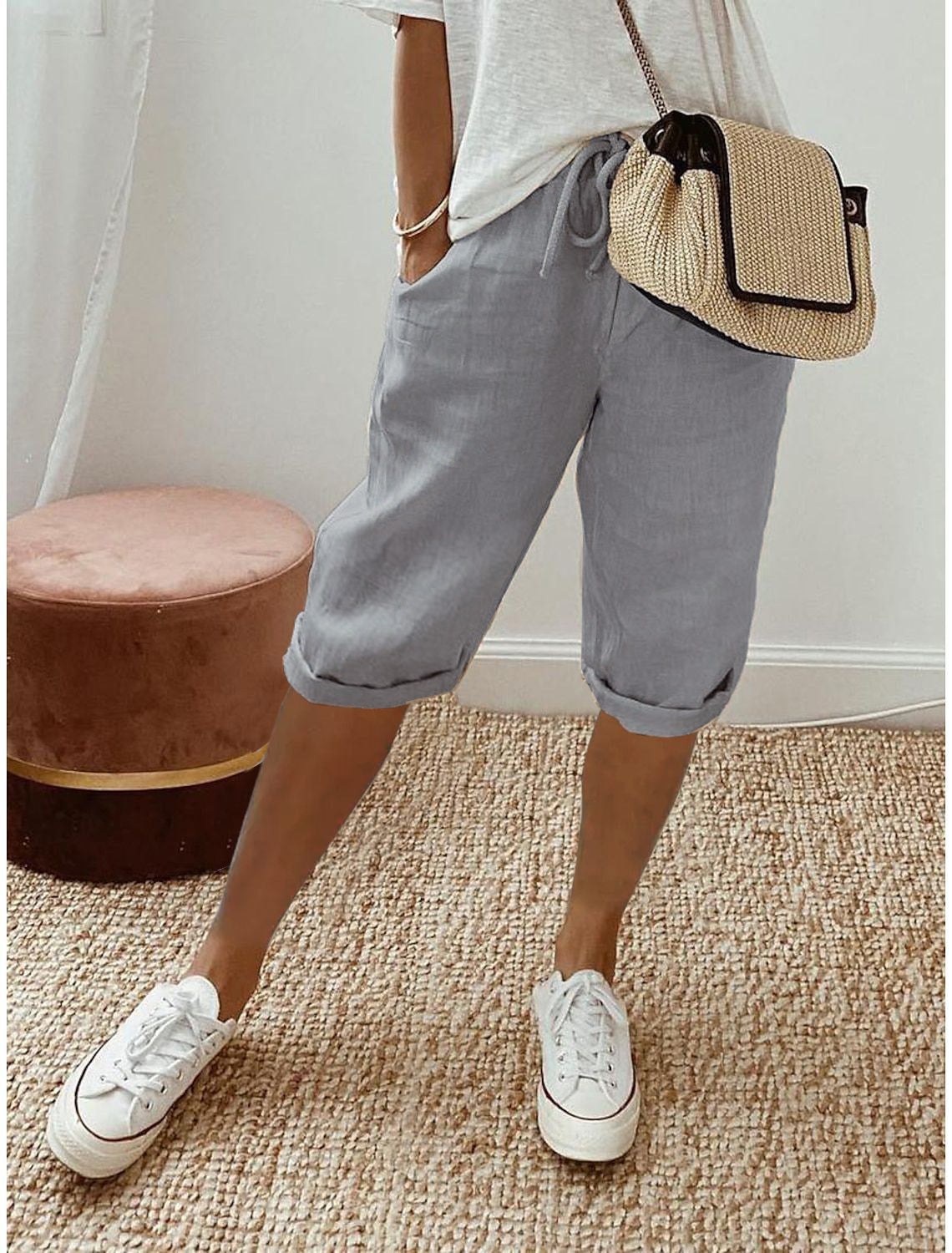 🔥Kostenloser Versand & 50 % Rabatt🔥 Lässige Caprihosen aus Baumwoll-Leinen – Verstellbarer Bund & tiefe Taschen!