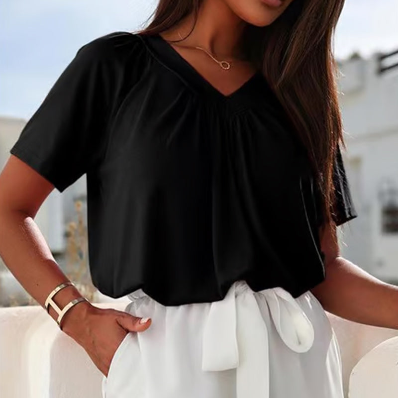🎁Heißer Verkauf 50% RABATT⏳Damen Freizeit-Kurzarmshirt mit V-Ausschnitt und Plissee✨