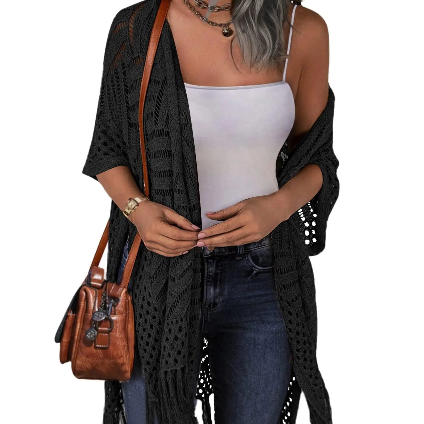 ⏰️Letzter Tag für kostenlosen Versand⌛️😍  Damen Oversize-Häkelcardigan mit Fransen – Leichter Boho-Kimono für Frühling & Sommer 🌸