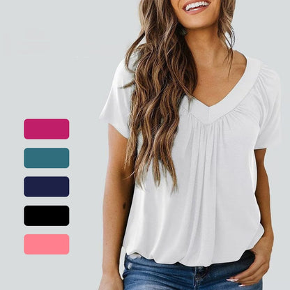 🎁Heißer Verkauf 50% RABATT⏳Damen Freizeit-Kurzarmshirt mit V-Ausschnitt und Plissee✨