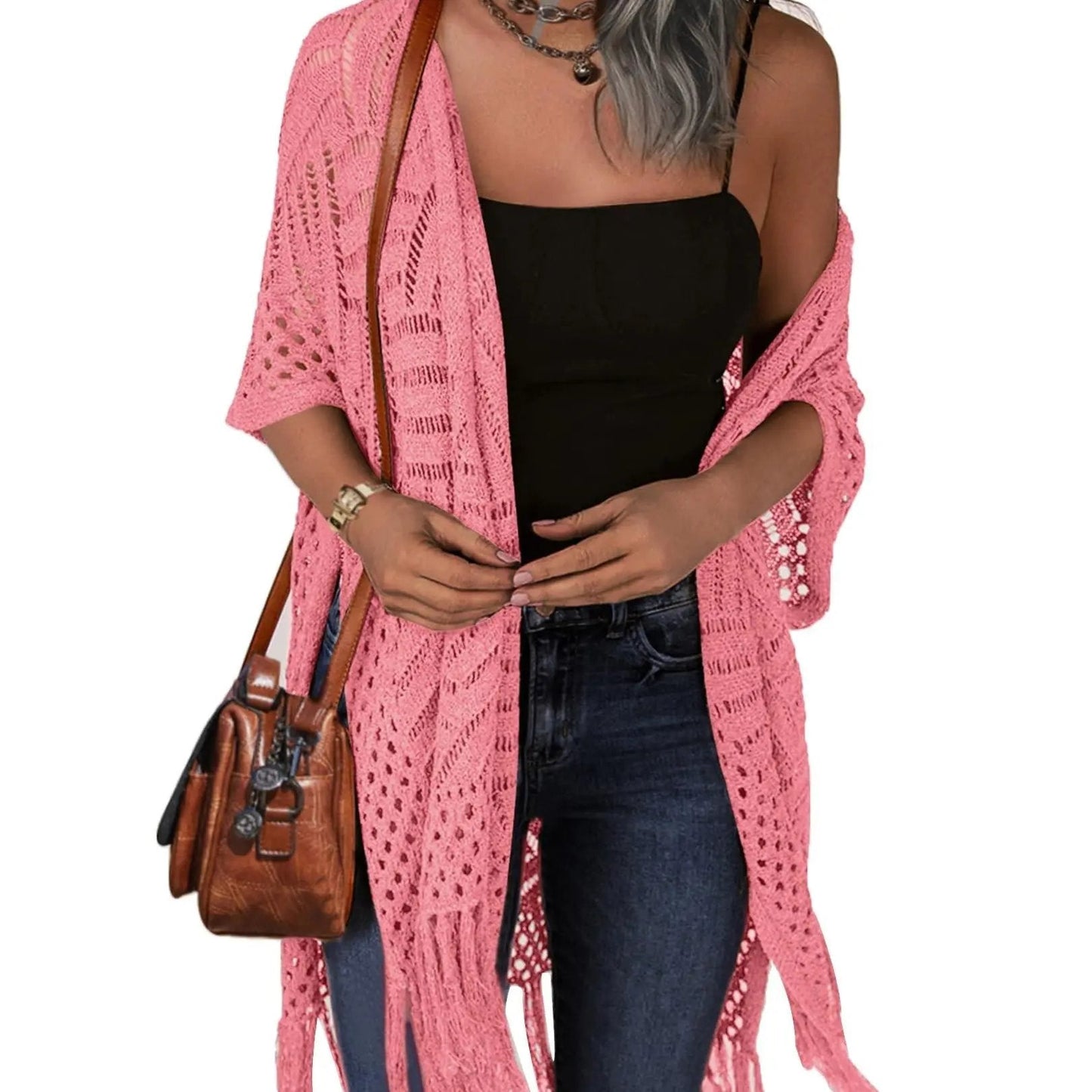 ⏰️Letzter Tag für kostenlosen Versand⌛️😍  Damen Oversize-Häkelcardigan mit Fransen – Leichter Boho-Kimono für Frühling & Sommer 🌸