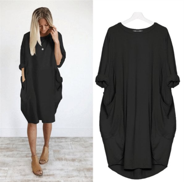 🔥Heiss 49% Rabatt - Langärmliges lässiges lockeres Taschenkleid🎁Kaufen 3 Bezahlen 2