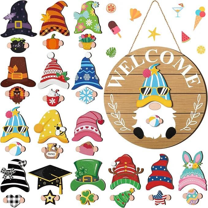 🎅Saisonangebot🌟Ihr ganzjähriges Fest der Kreativität!🎄Austauschbares hölzernes Gnom-Willkommensschild🎈