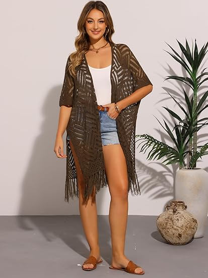 ⏰️Letzter Tag für kostenlosen Versand⌛️😍  Damen Oversize-Häkelcardigan mit Fransen – Leichter Boho-Kimono für Frühling & Sommer 🌸