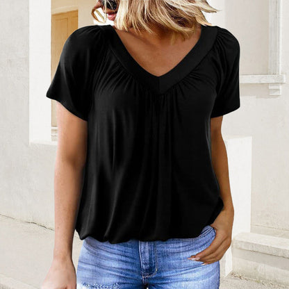 🎁Heißer Verkauf 50% RABATT⏳Damen Freizeit-Kurzarmshirt mit V-Ausschnitt und Plissee✨