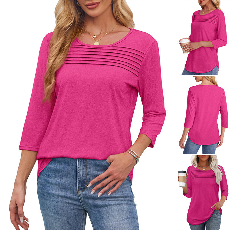 💕Letzter Tag 50 % Rabatt👚Damen T-Shirt mit Faltendetails und 3/4-Ärmeln im lässigen Stil🌞