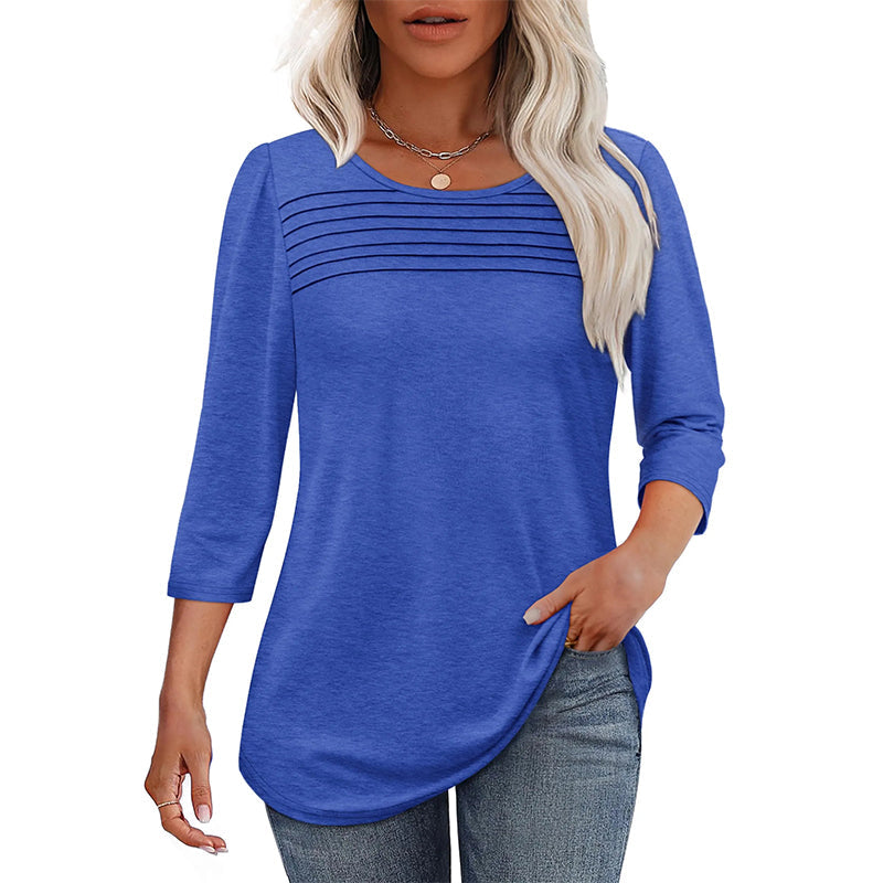 💕Letzter Tag 50 % Rabatt👚Damen T-Shirt mit Faltendetails und 3/4-Ärmeln im lässigen Stil🌞
