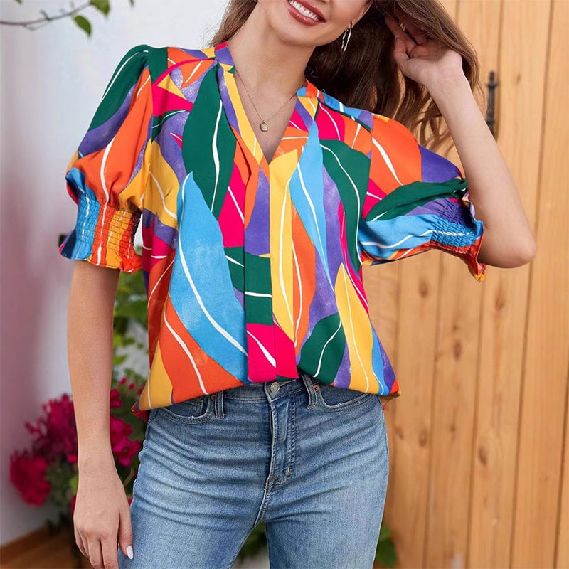 🔥Kostenloser Versand & 50 % Rabatt🔥 Blumenprint Damenbluse ✨ V-Ausschnitt Puffärmel Sommer Tunika | Luftige Kurzarm Bluse für Alltag & Urlaub