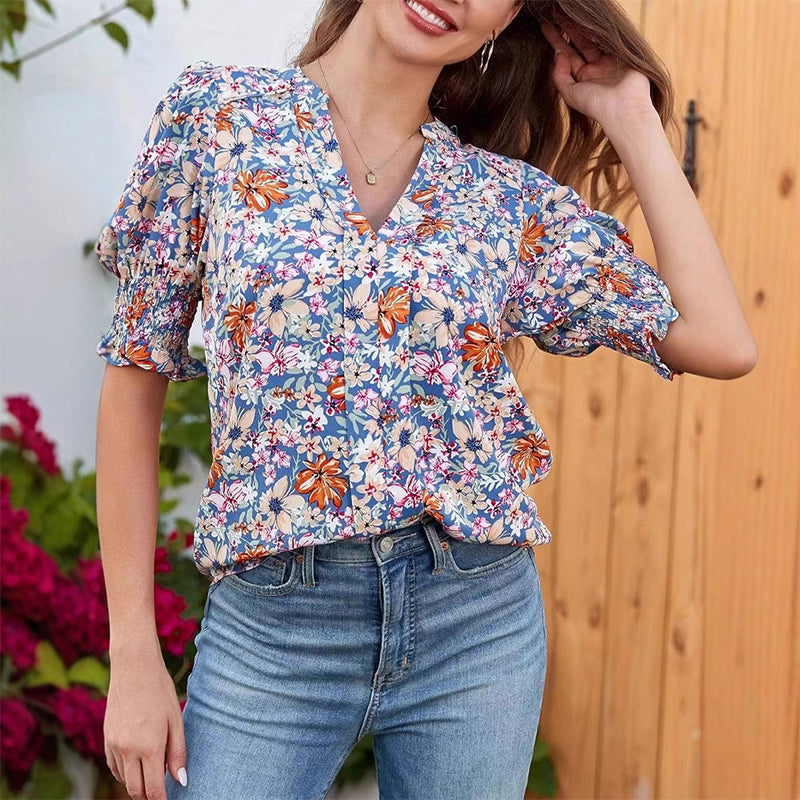 🔥Kostenloser Versand & 50 % Rabatt🔥 Blumenprint Damenbluse ✨ V-Ausschnitt Puffärmel Sommer Tunika | Luftige Kurzarm Bluse für Alltag & Urlaub