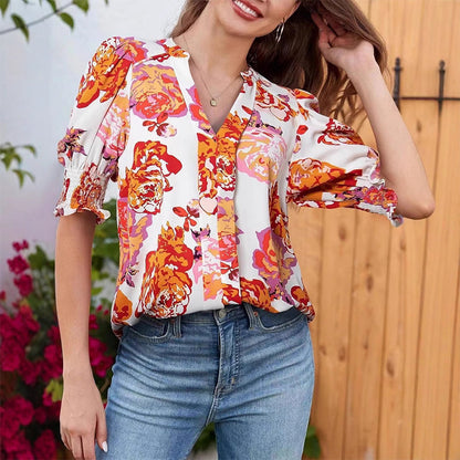 🔥Kostenloser Versand & 50 % Rabatt🔥 Blumenprint Damenbluse ✨ V-Ausschnitt Puffärmel Sommer Tunika | Luftige Kurzarm Bluse für Alltag & Urlaub