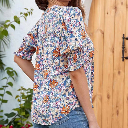🔥Kostenloser Versand & 50 % Rabatt🔥 Blumenprint Damenbluse ✨ V-Ausschnitt Puffärmel Sommer Tunika | Luftige Kurzarm Bluse für Alltag & Urlaub
