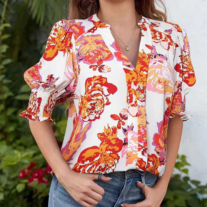🔥Kostenloser Versand & 50 % Rabatt🔥 Blumenprint Damenbluse ✨ V-Ausschnitt Puffärmel Sommer Tunika | Luftige Kurzarm Bluse für Alltag & Urlaub
