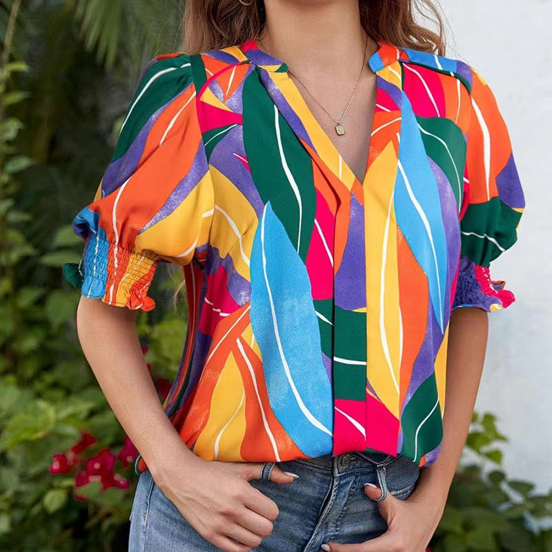 🔥Kostenloser Versand & 50 % Rabatt🔥 Blumenprint Damenbluse ✨ V-Ausschnitt Puffärmel Sommer Tunika | Luftige Kurzarm Bluse für Alltag & Urlaub