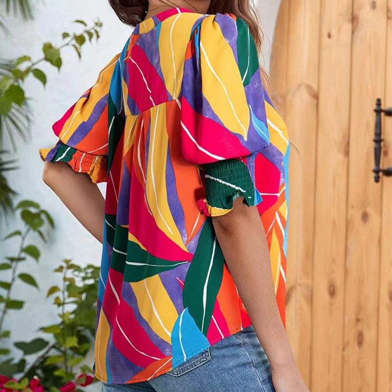 🔥Kostenloser Versand & 50 % Rabatt🔥 Blumenprint Damenbluse ✨ V-Ausschnitt Puffärmel Sommer Tunika | Luftige Kurzarm Bluse für Alltag & Urlaub