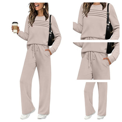 🔥Letzter Tag 60% Rabatt✨Loungeset für Damen: Top mit Rundhalsausschnitt & Hose mit Kordelzug